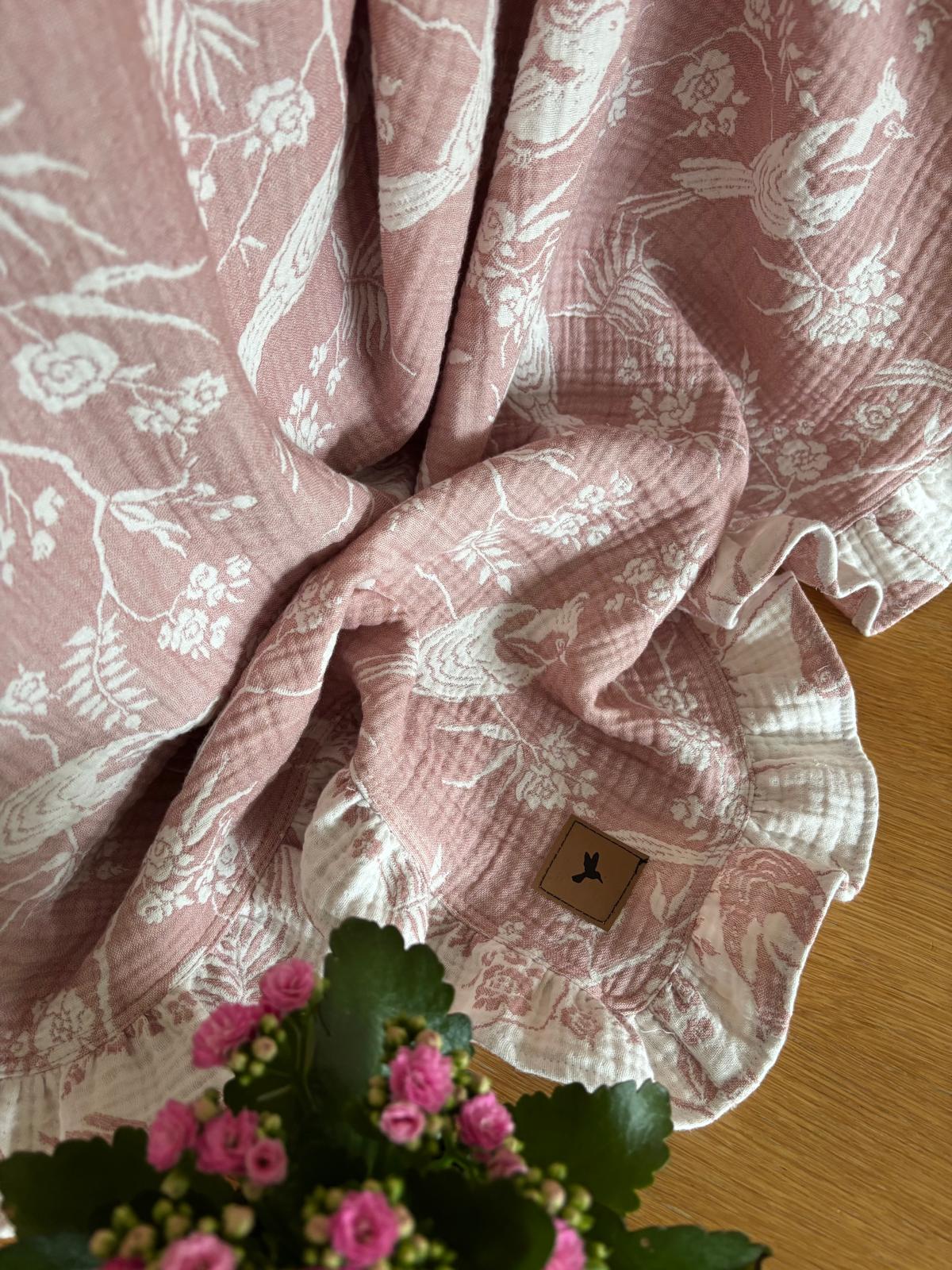 Rosa fågel och blommönstrad babyfilt (100 x 100 cm, 8-lagers jacquardmuslin)