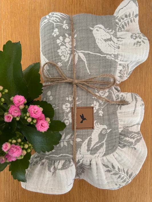 Grått fågel- och blommönstrat babyfilt (100 x 100 cm,4-lagers jacquardmuslin)