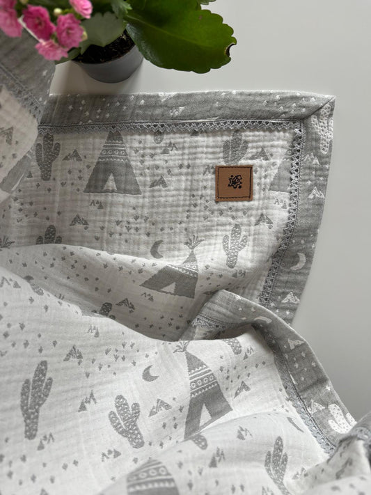 Grå kaktusbild babyfilt (100 x 100 cm,4-lagers jacquardmuslin)