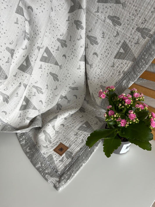 Grå kaktusbild babyfilt (100 x 100 cm,4-lagers jacquardmuslin)