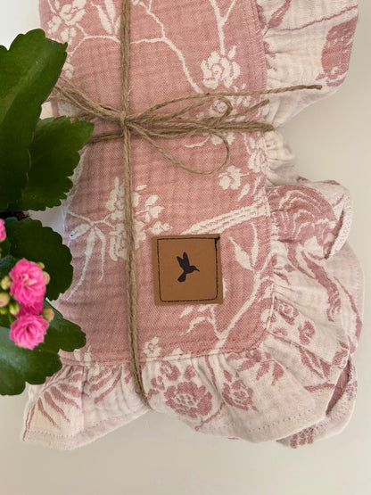 Rosa fågel och blommönstrad babyfilt (100 x 100 cm, 8-lagers jacquardmuslin)