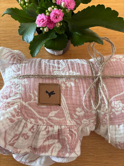 Rosa fågel och blommönstrad babyfilt (100 x 100 cm, 8-lagers jacquardmuslin)