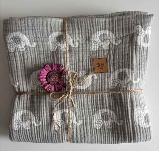 Grå elefant babyfilt (115 x 125 cm,4-lagers jacquardmuslin)