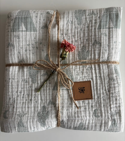 Mint kaktusbild babyfilt (100 x 100 cm,4-lagers jacquardmuslin)