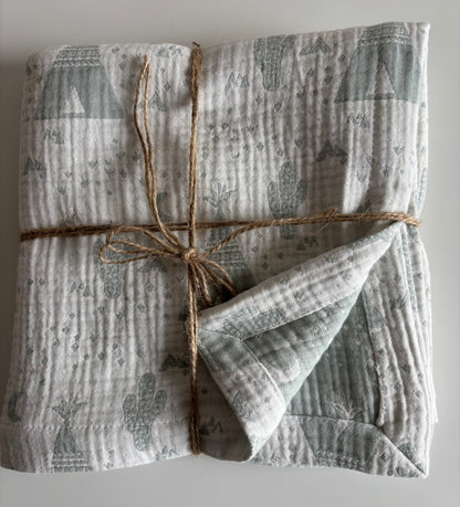 Mint kaktusbild babyfilt (100 x 100 cm,4-lagers jacquardmuslin)