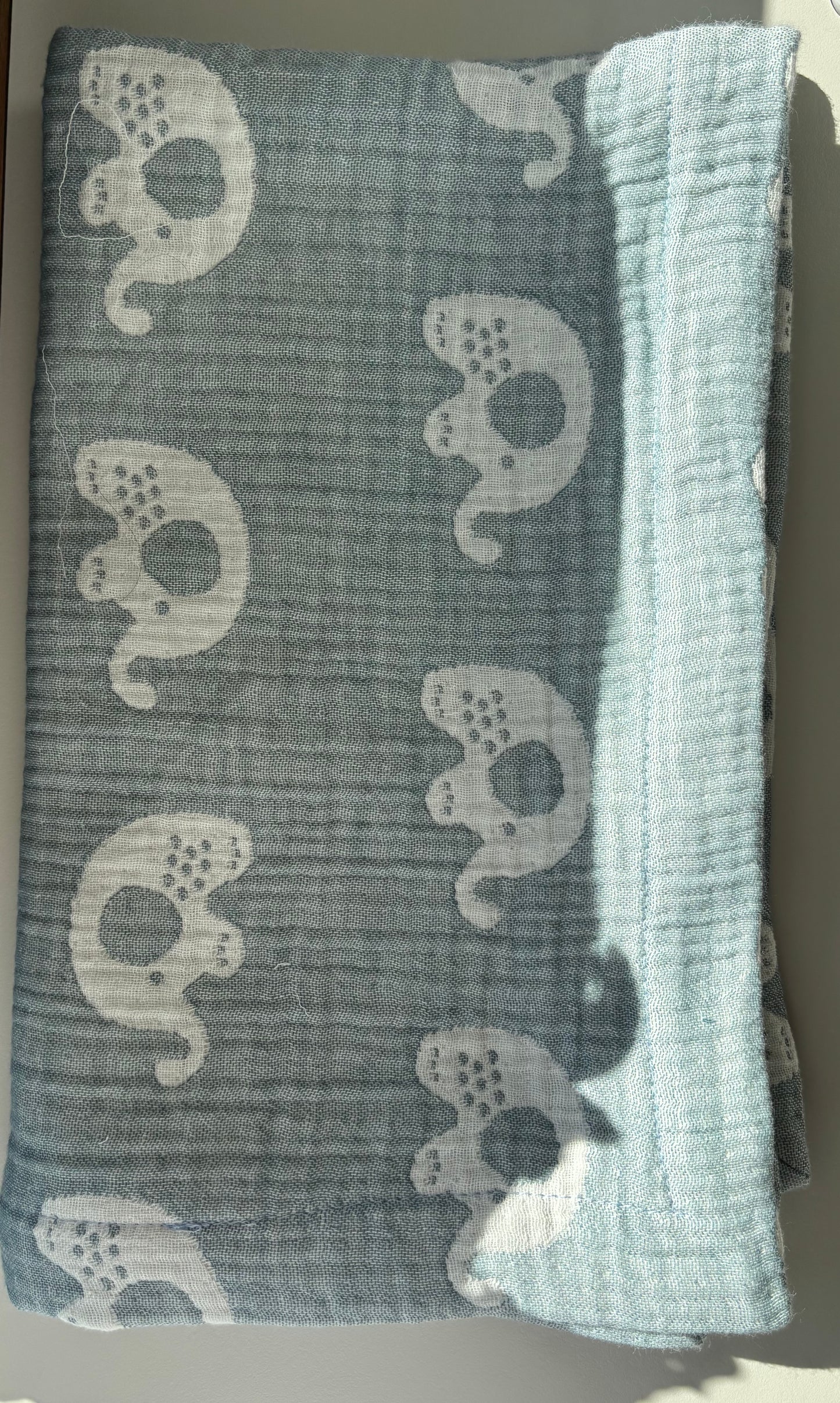 Blå elefant babyfilt (60 x 80 cm,4-lagers jacquardmuslin